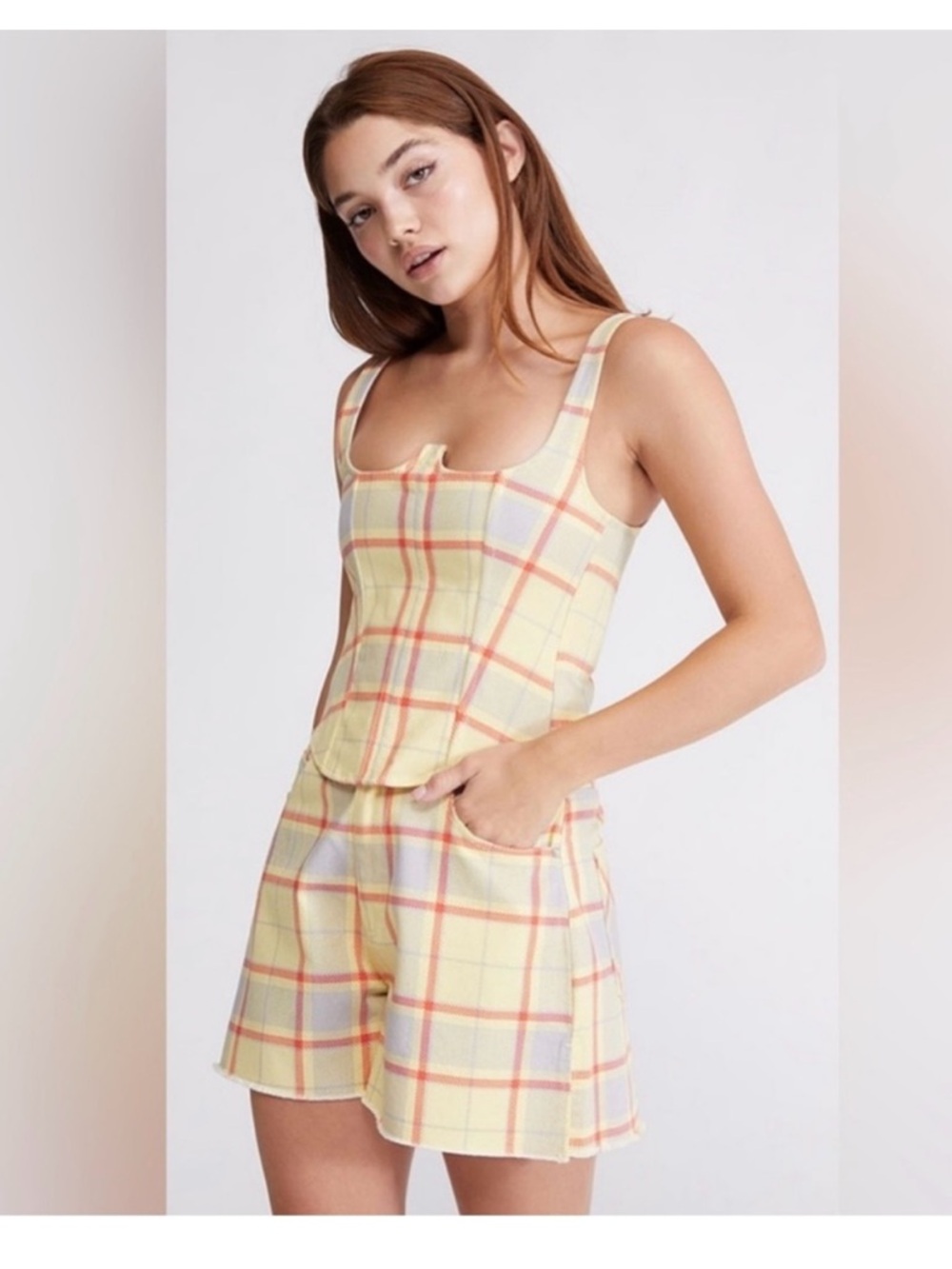 WeWoreWhat like new yellow plaid short set. Shorts Size 25. Top size Small.